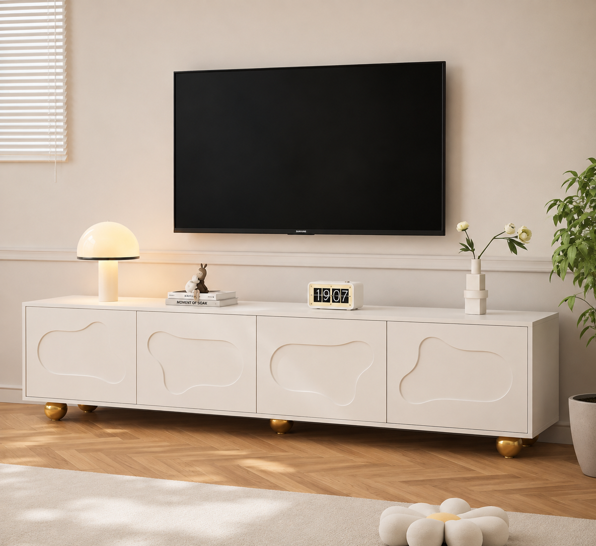 Meuble TV 180 cm 2 armoires sur pieds - Blanc