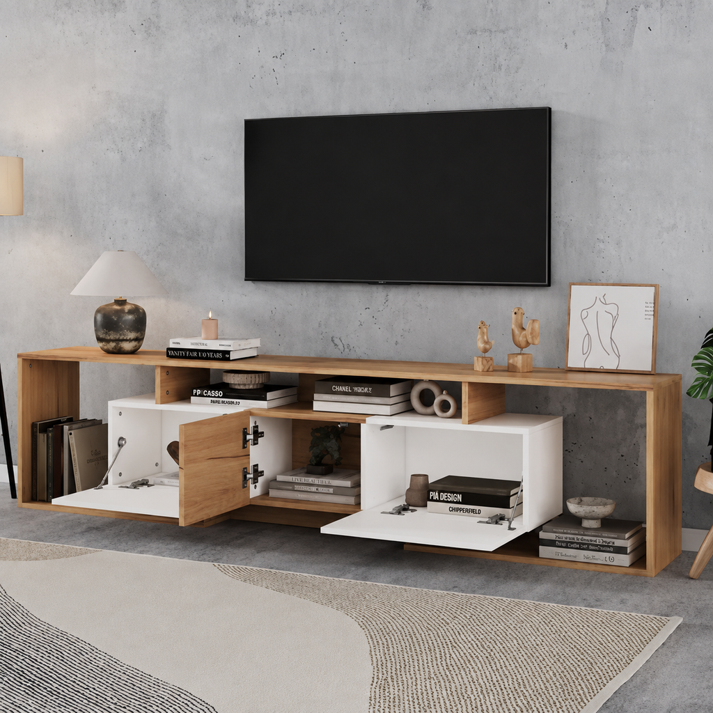 Meuble TV 180 cm 3 portes - Blanc et bois naturel