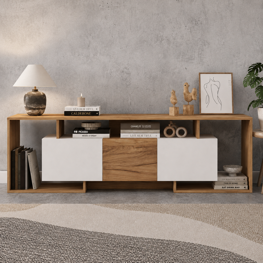 Meuble TV 180 cm 3 portes - Blanc et bois naturel — vue 