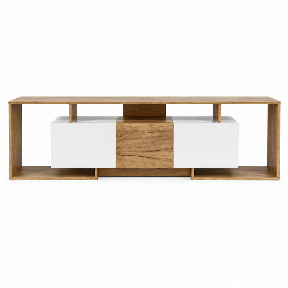 Meuble TV 180 cm 3 portes - Blanc et bois naturel — vue 0