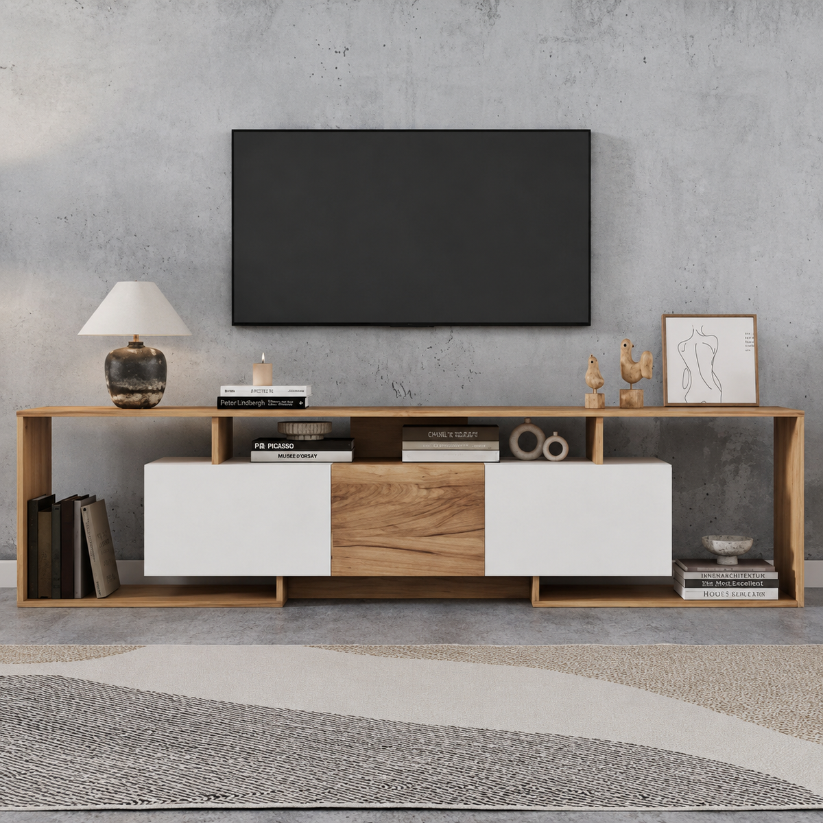 Meuble TV 180 cm 3 portes - Blanc et bois naturel — vue 2