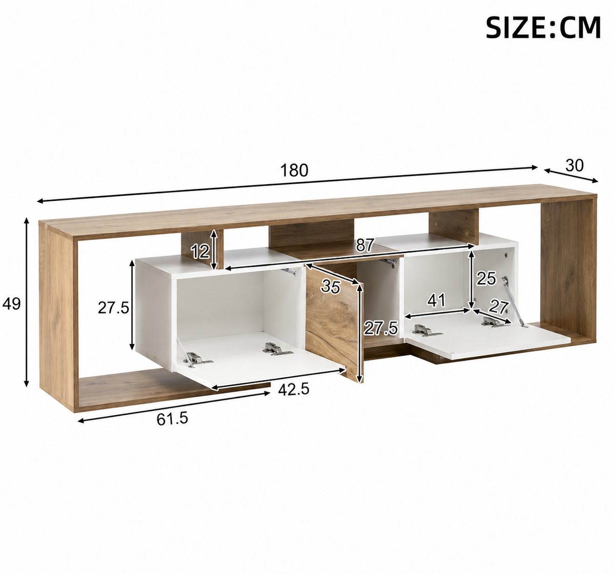 Meuble TV 180 cm 3 portes - Blanc et bois naturel — vue 5
