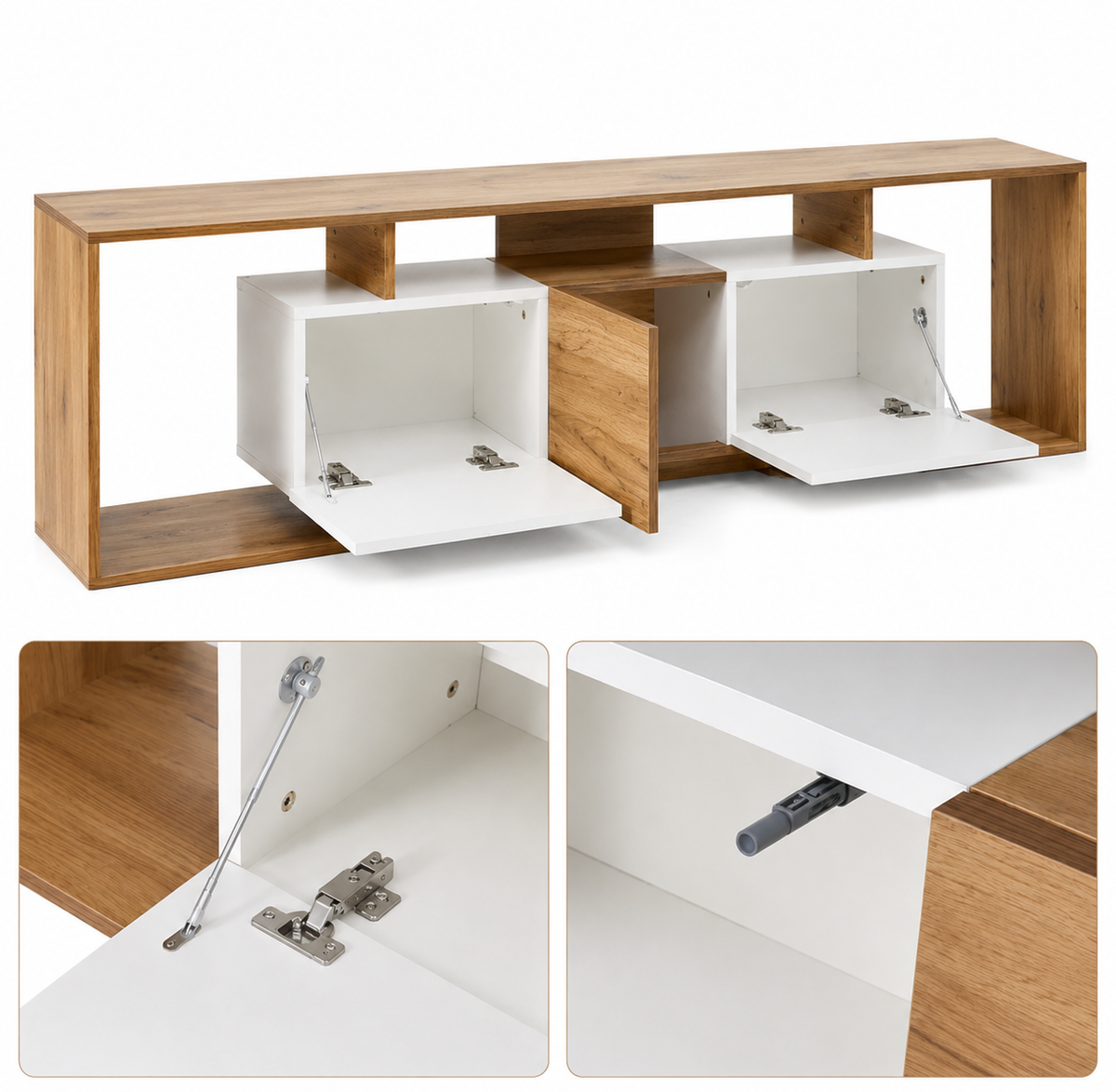 Meuble TV 180 cm 3 portes - Blanc et bois naturel — vue 6