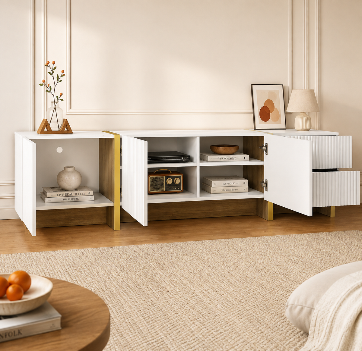 Meuble TV 190 cm 2 tiroirs 3 portes — vue 3