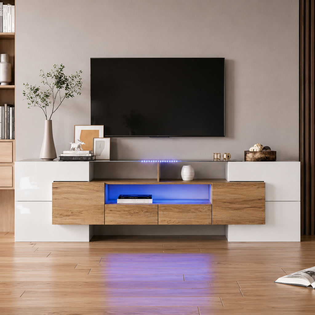 Meuble TV 200 cm blanc brillant plateau verre avec LED