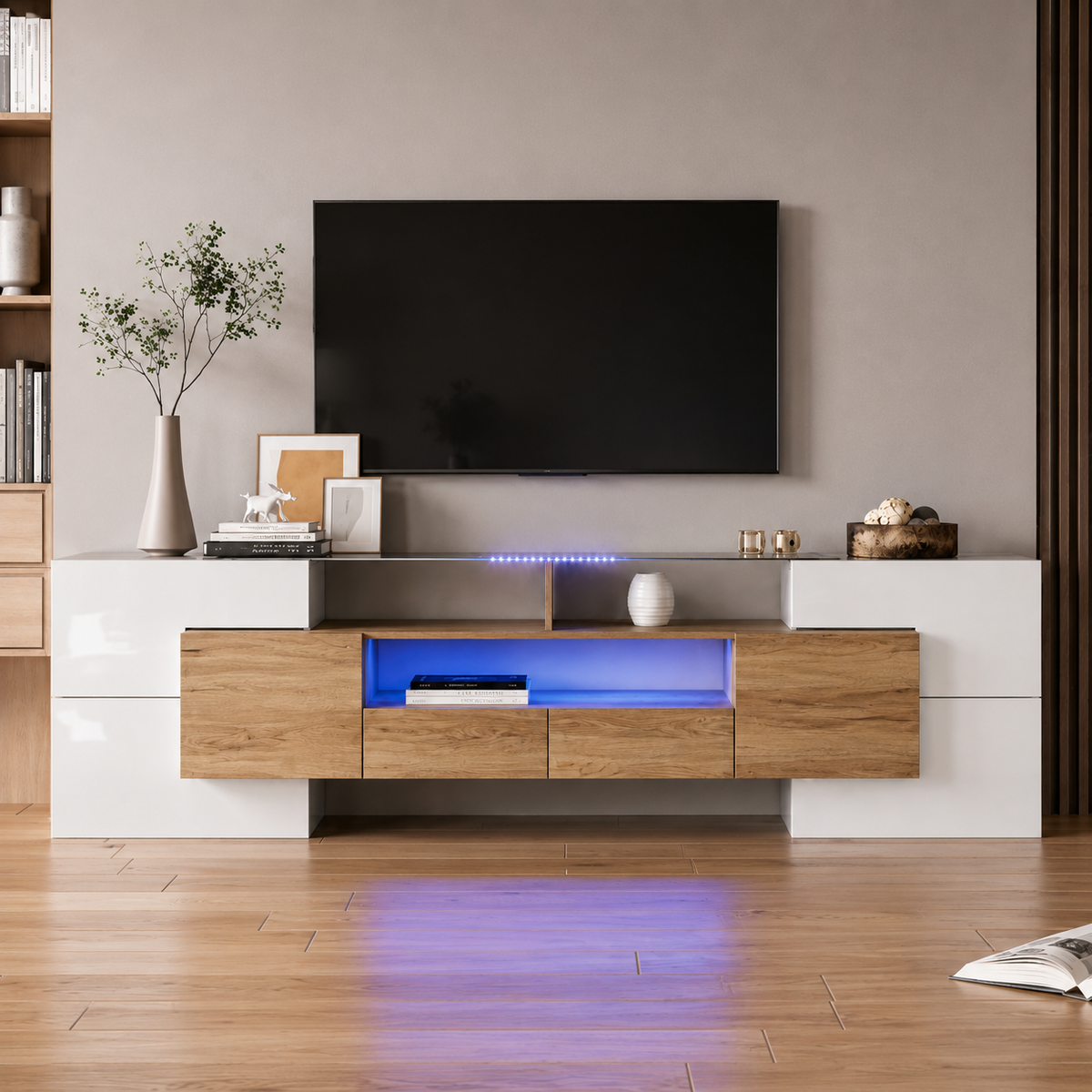Meuble TV 200 cm blanc brillant plateau verre avec LED