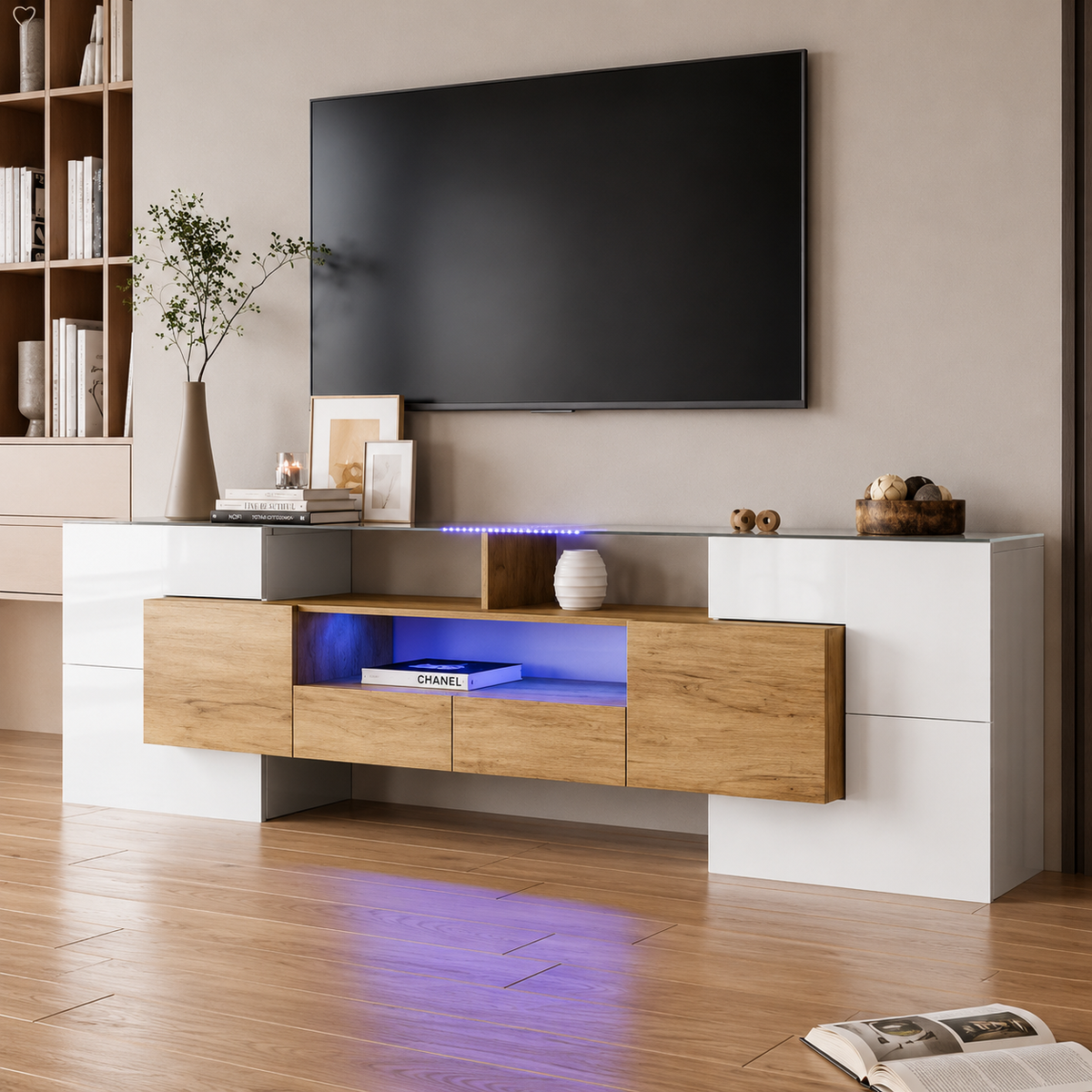 Meuble TV 200 cm blanc brillant plateau verre avec LED — vue 2