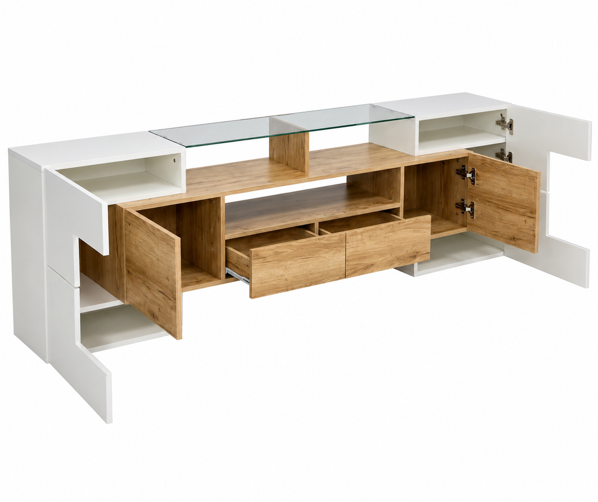 Meuble TV 200 cm blanc brillant plateau verre avec LED — vue 3