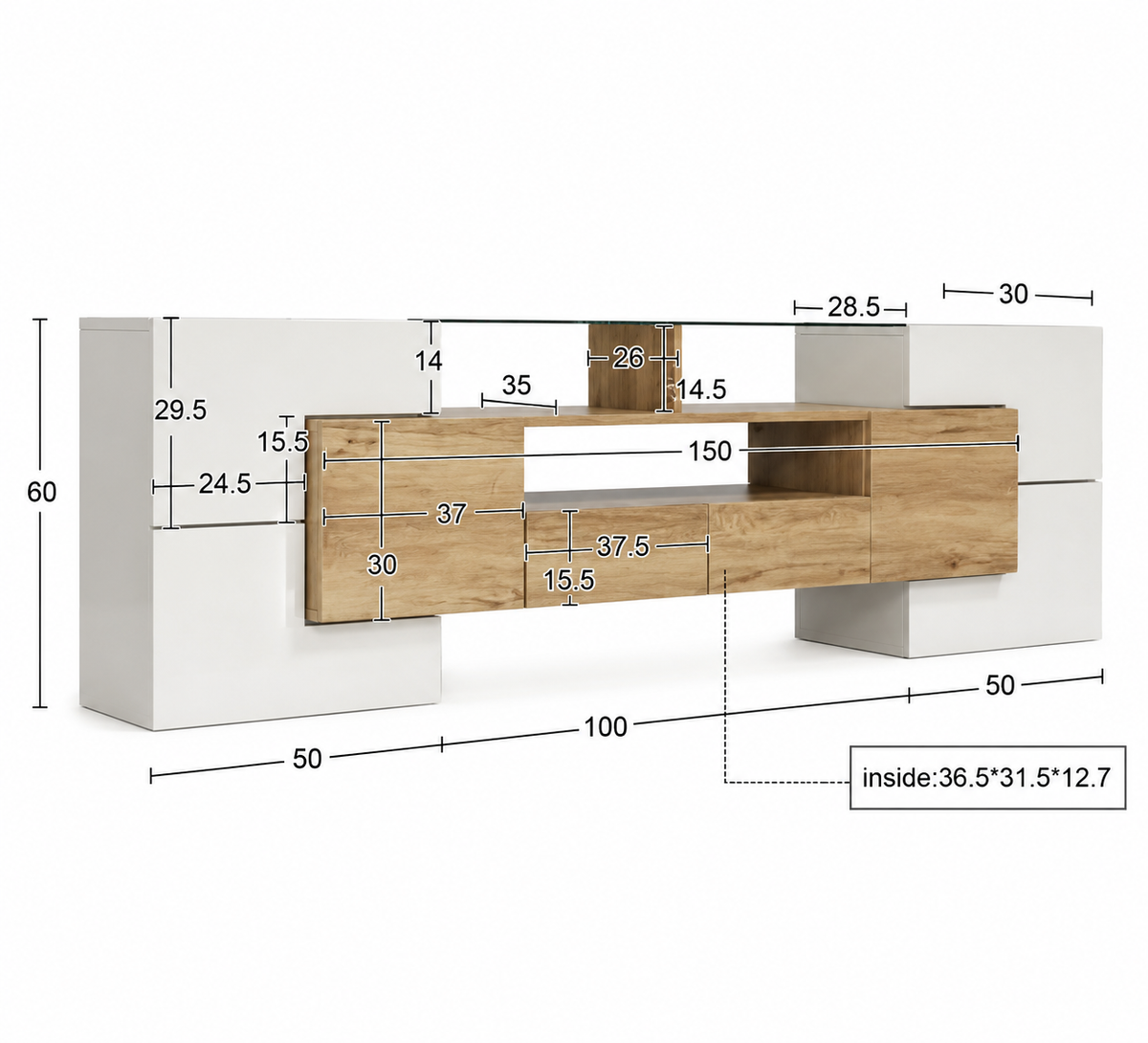 Meuble TV 200 cm blanc brillant plateau verre avec LED — vue 5