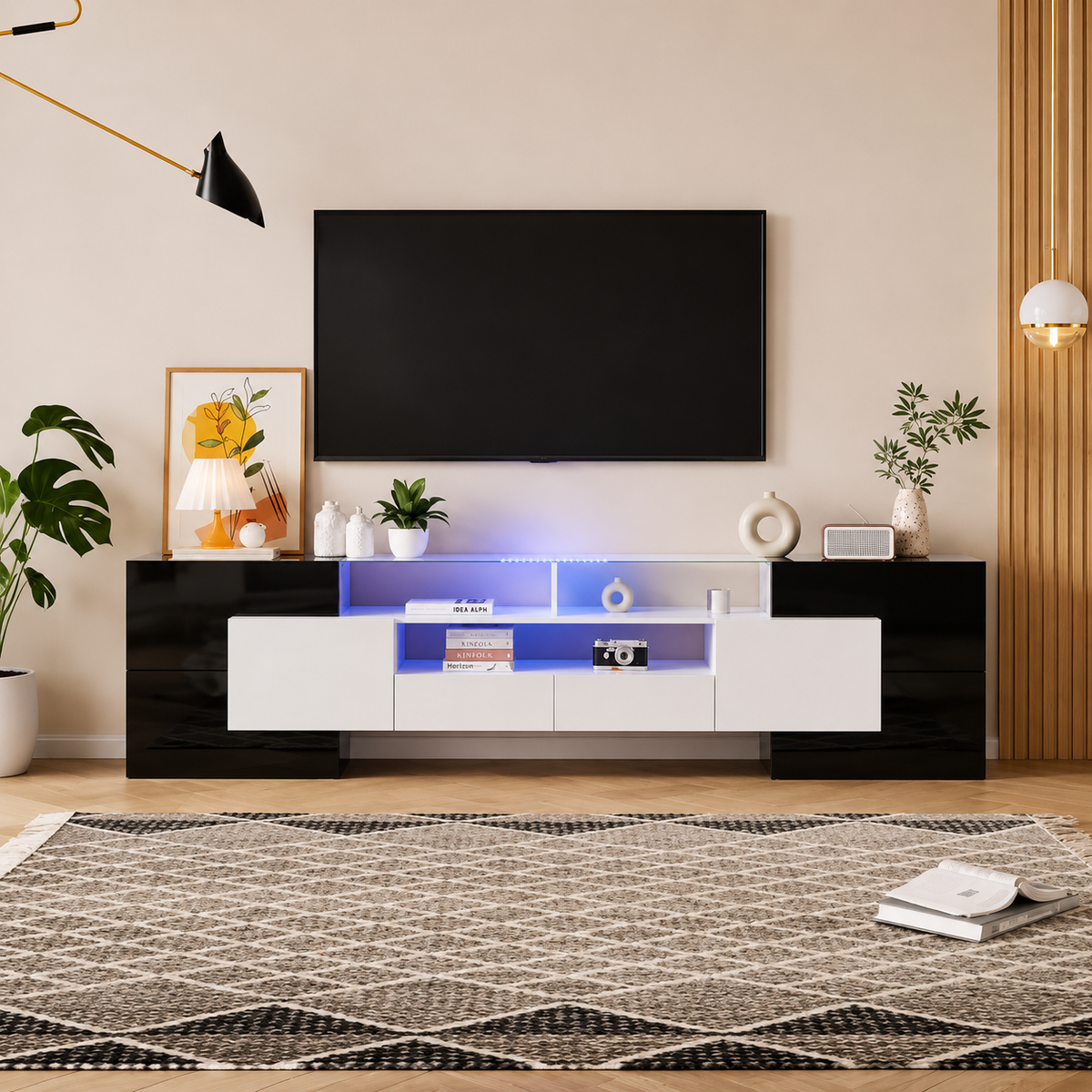 Meuble TV 200 cm blanc brillant plateau verre avec LED — vue 6