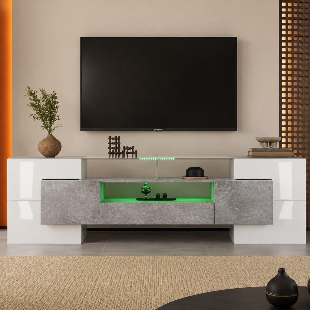 Meuble TV 200 cm blanc brillant plateau verre avec LED — vue 7