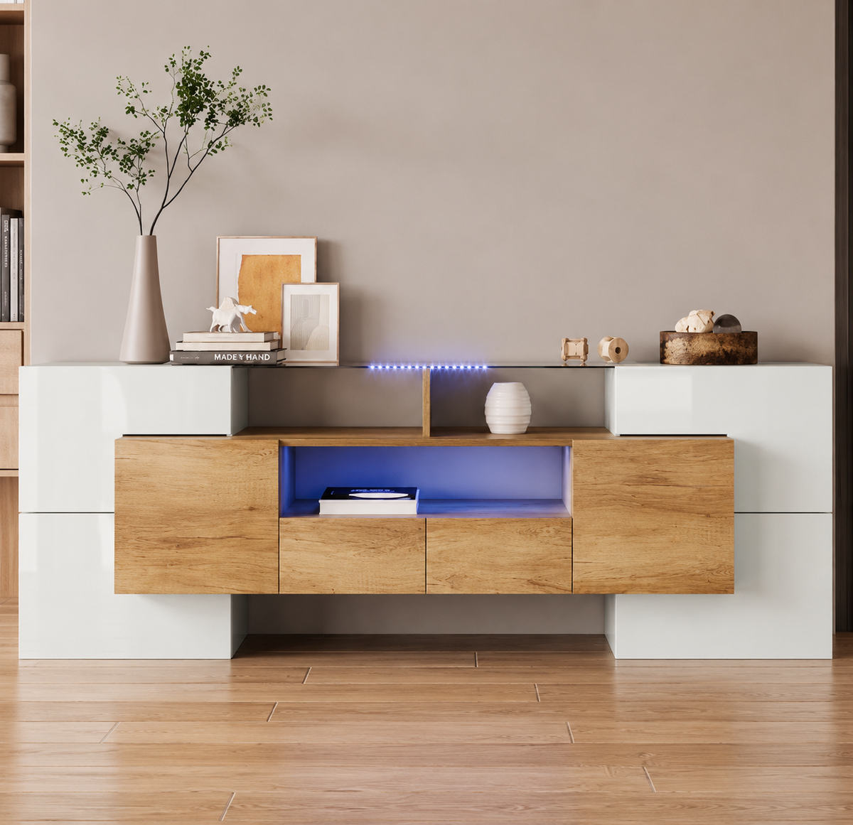 Meuble TV 200 cm blanc brillant plateau verre avec LED — vue 9