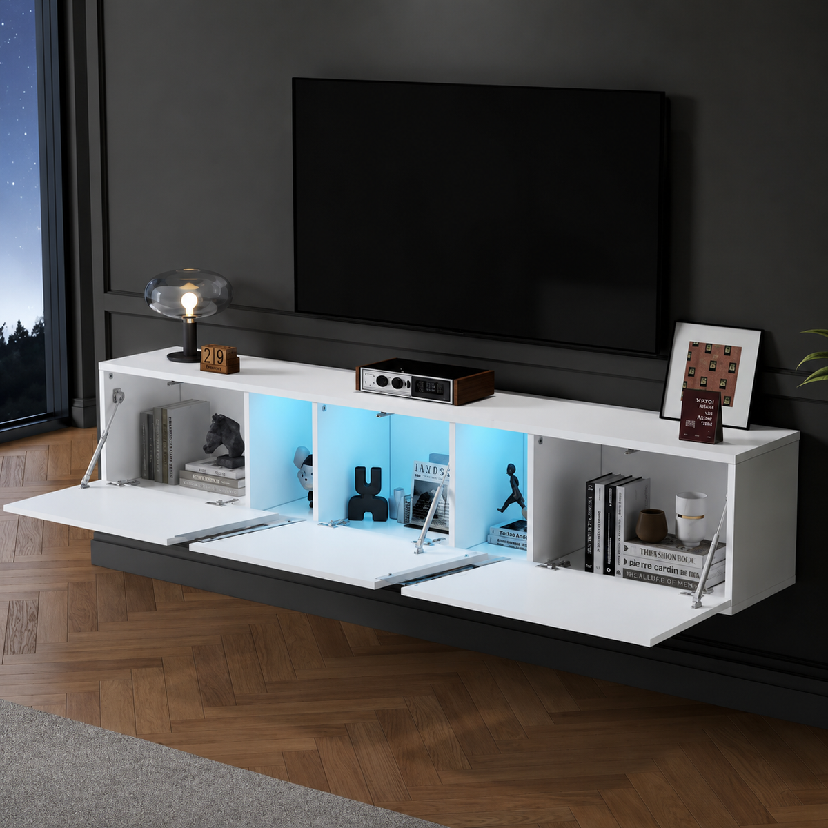 Meuble TV mural 180 cm blanc brillant avec LED