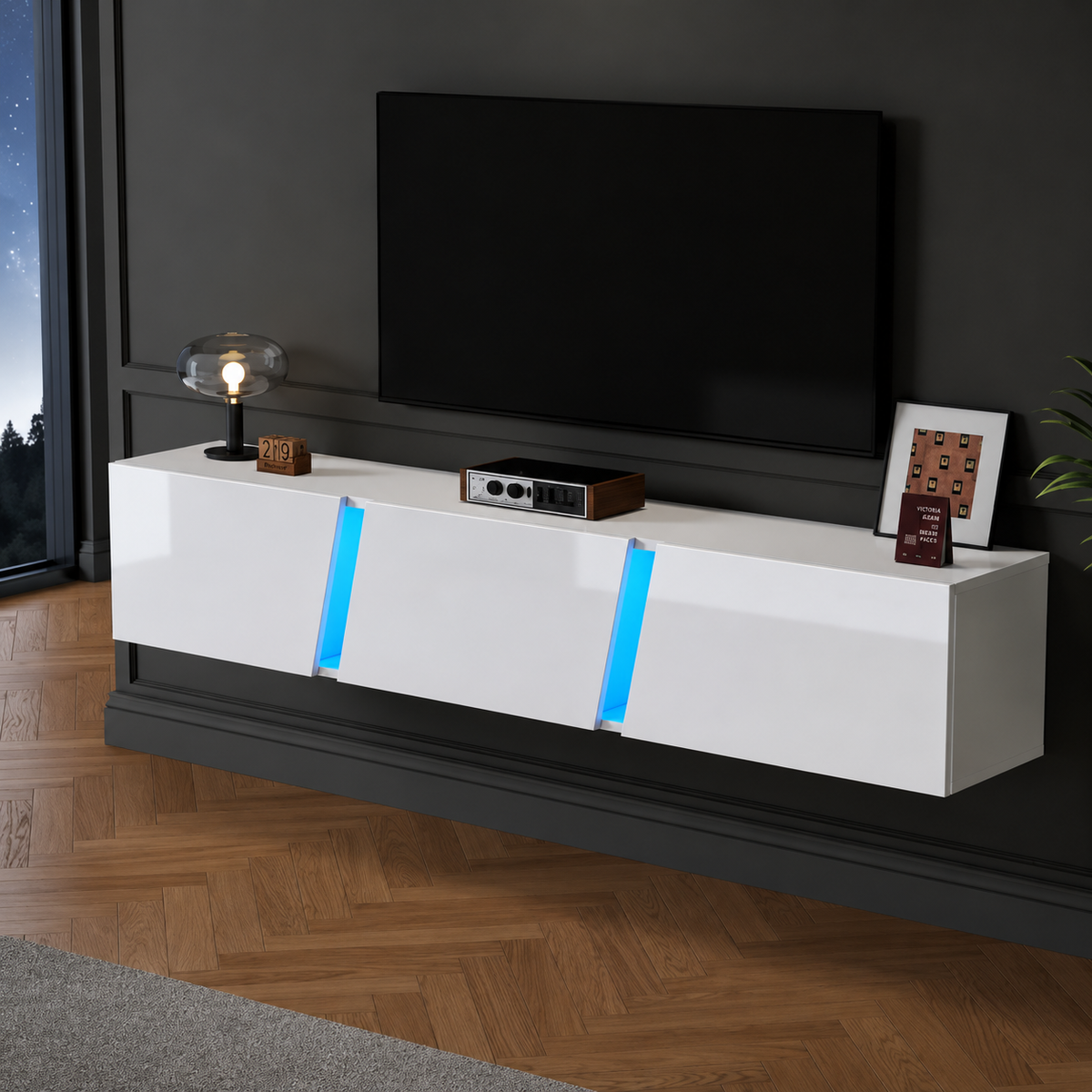 Meuble TV mural 180 cm blanc brillant avec LED — vue 3