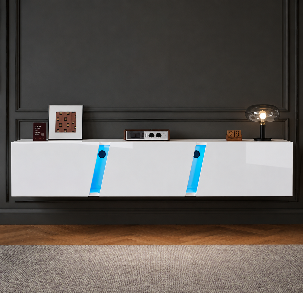 Meuble TV mural 180 cm blanc brillant avec LED — vue 4
