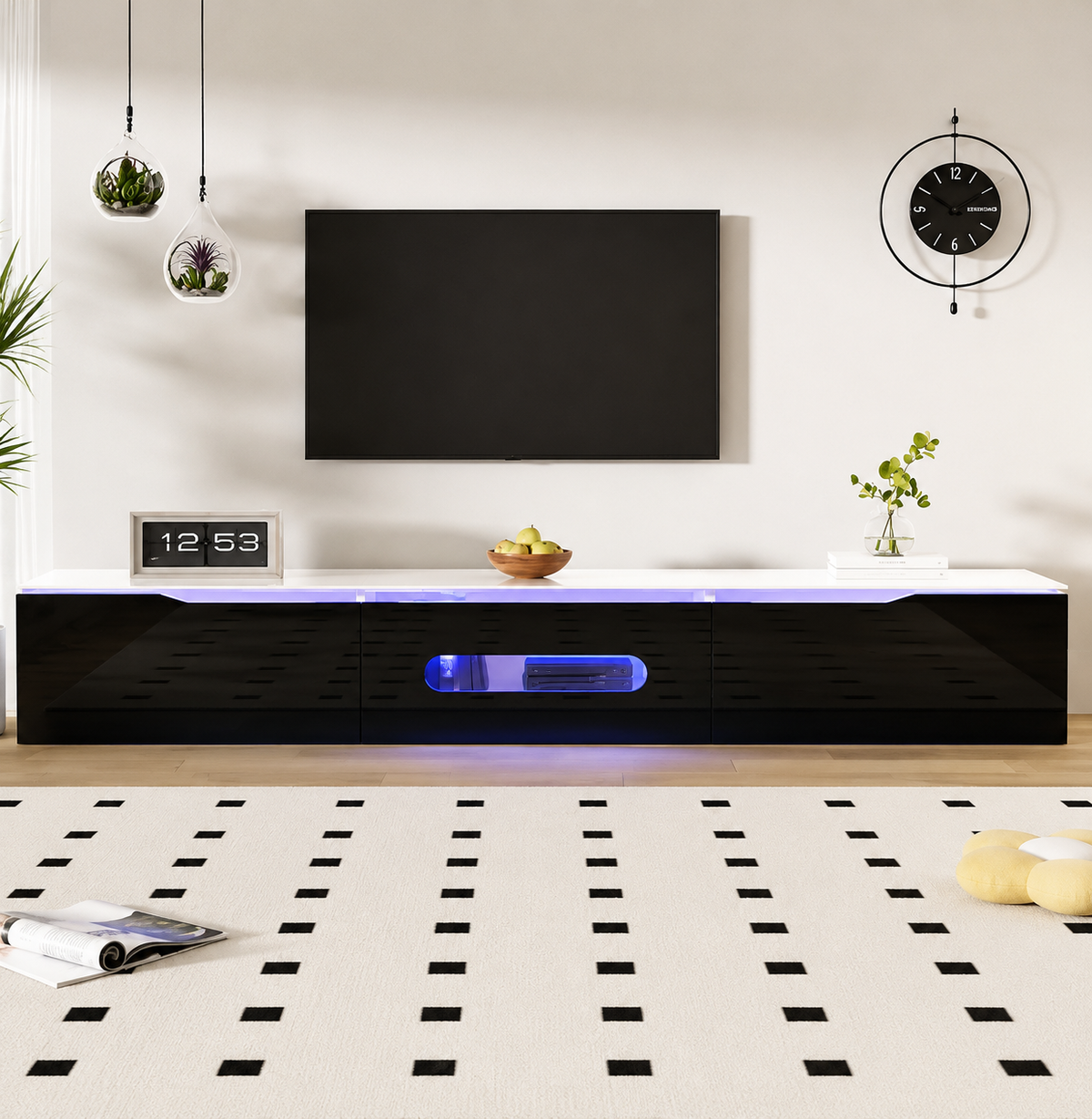 Meuble TV mural 180 cm haute brillance avec LED