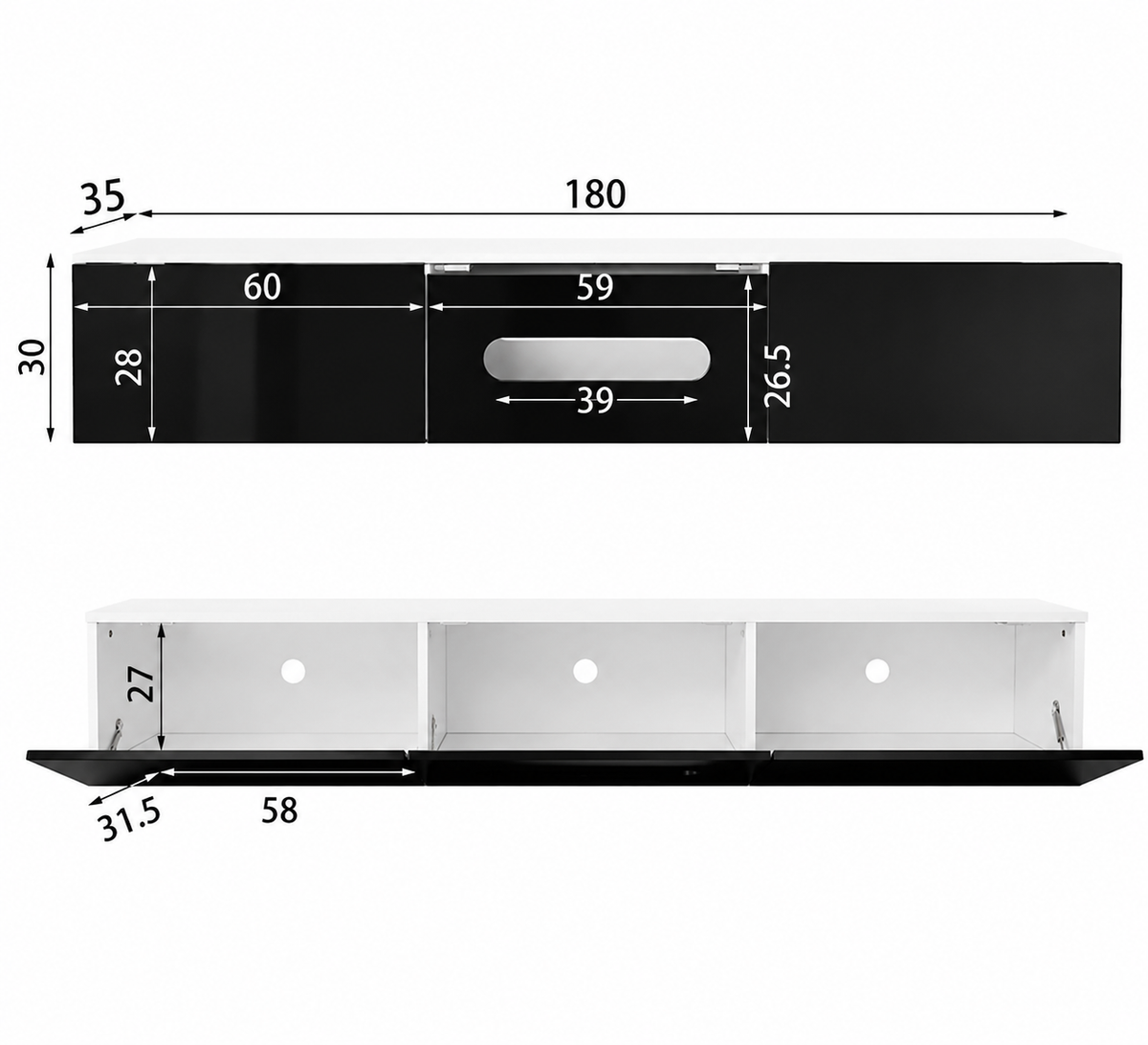 Meuble TV mural 180 cm haute brillance avec LED — vue 5