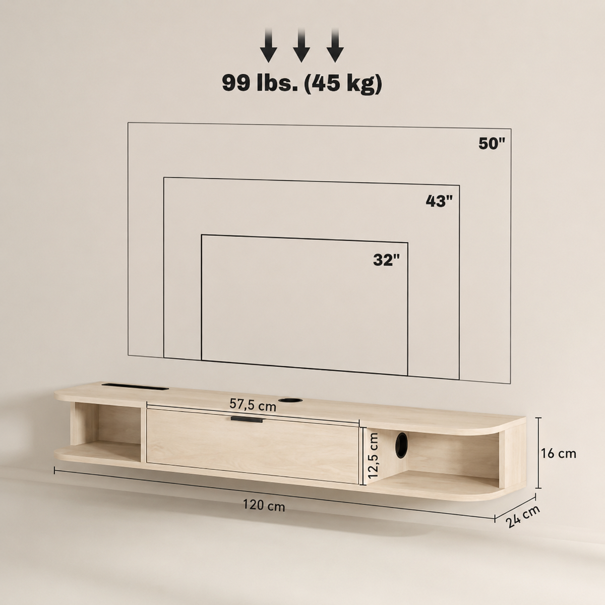 Meuble TV suspendu 120 cm 1 tiroir — vue 5