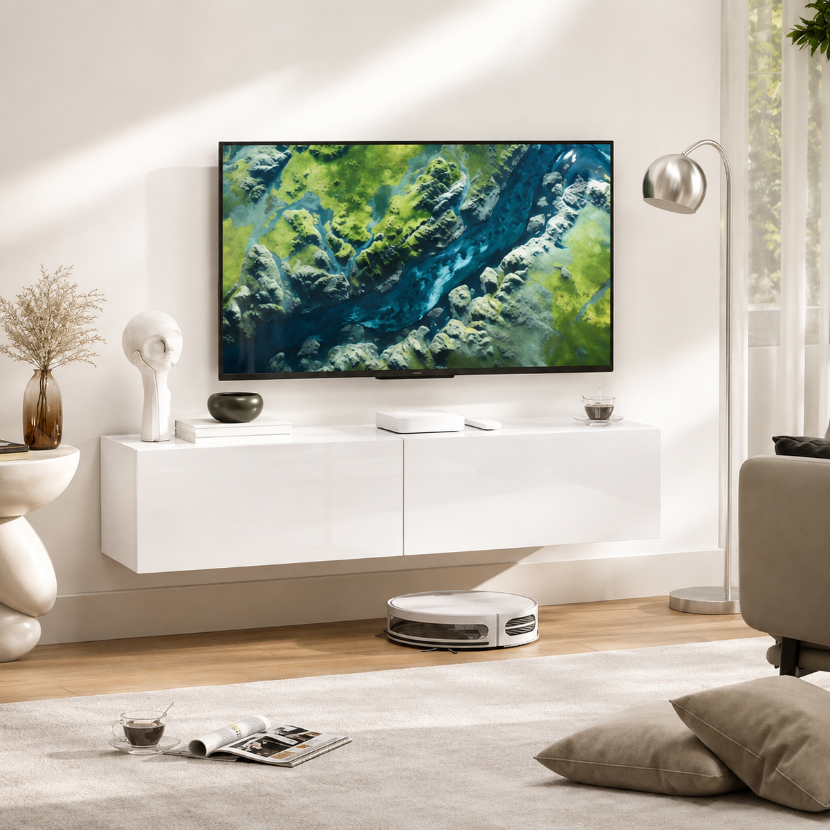Meuble TV suspendu 140 cm 2 placards - Blanc 1