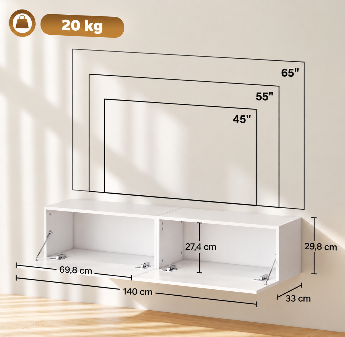 Meuble TV suspendu 140 cm 2 placards - Blanc 4