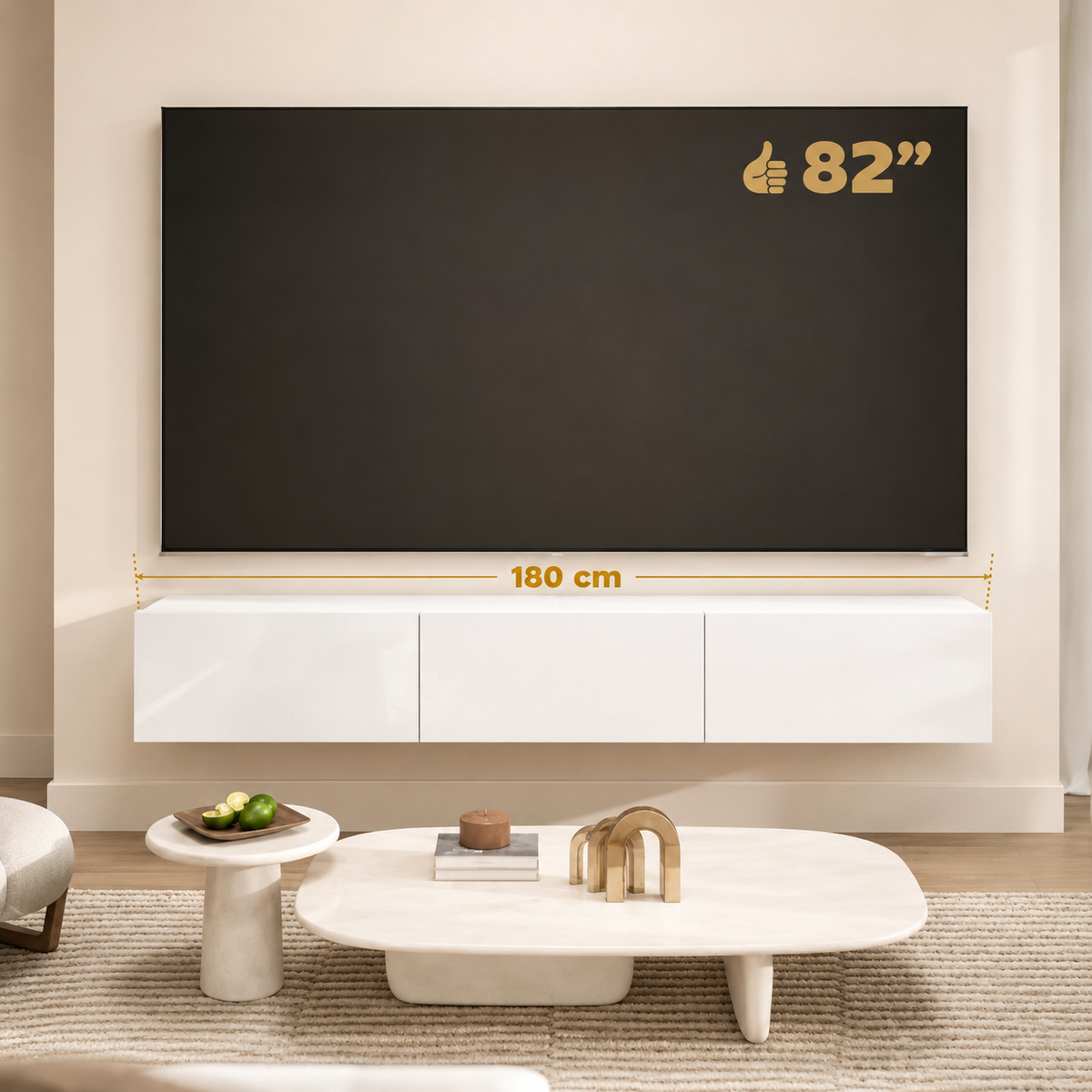 Meuble TV suspendu 180 cm 3 portes rabattables — vue 3