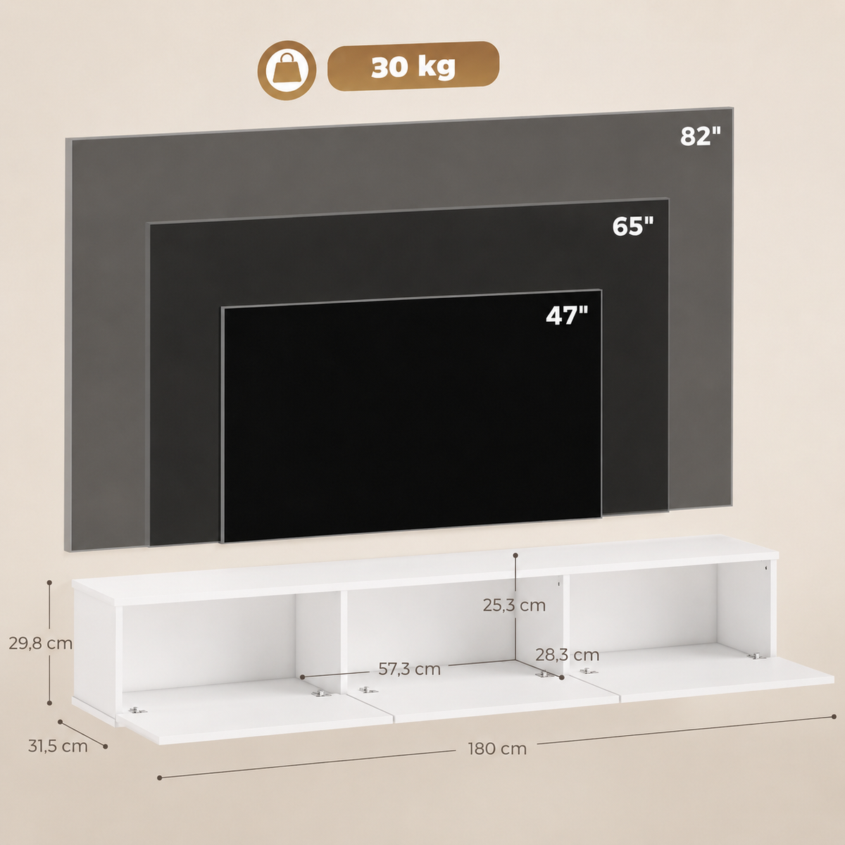 Meuble TV suspendu 180 cm 3 portes rabattables — vue 6