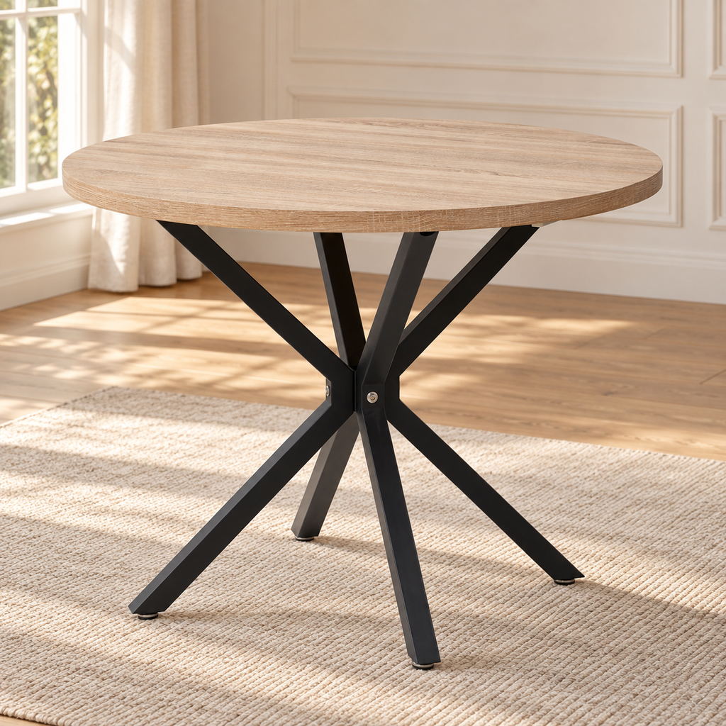 Table à manger ronde Étoile 100 cm — effet chêne et métal noir — produit seul dans un intérieur de maison