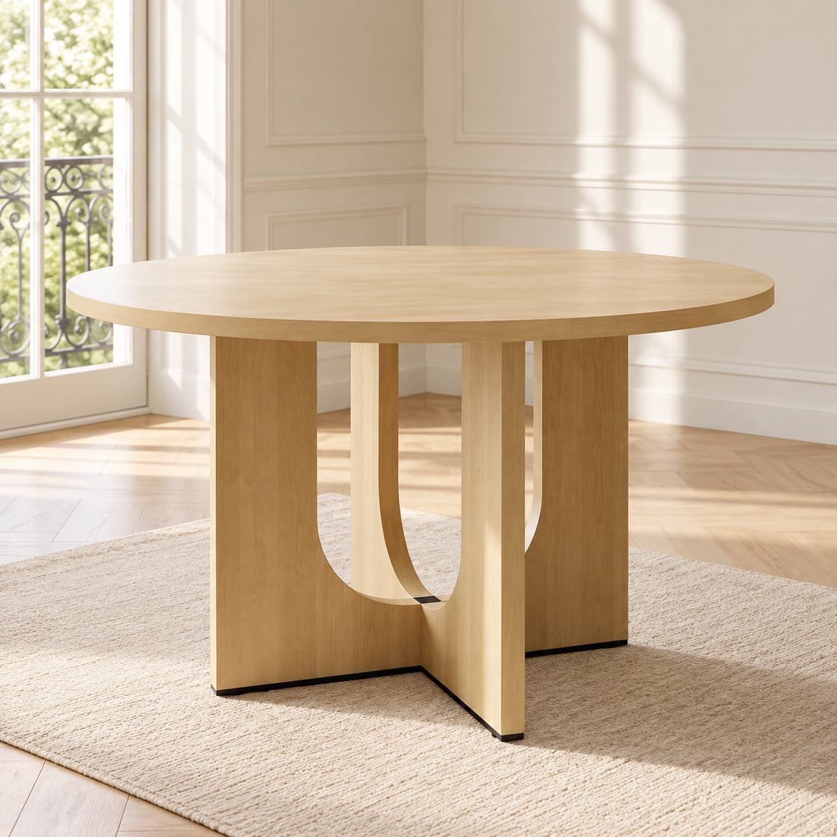 Table à manger ronde chêne clair 120 cm — piètement central à arches — produit seul dans un intérieur de maison