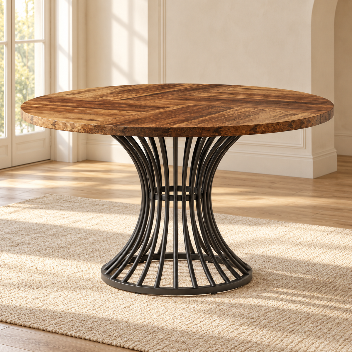 Table à manger ronde Tambour 120 cm — effet bois et base métal noir — produit seul dans un intérieur de maison