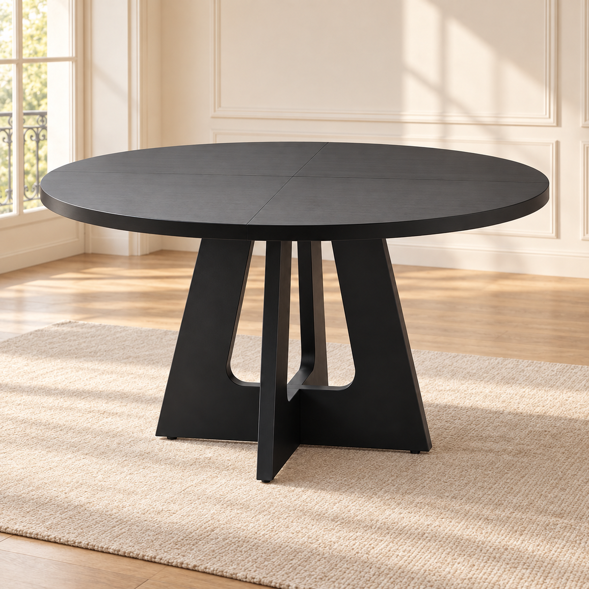 Table à manger ronde Pivot 120 cm — plateau noir et pied sculptural — produit seul dans un intérieur de maison