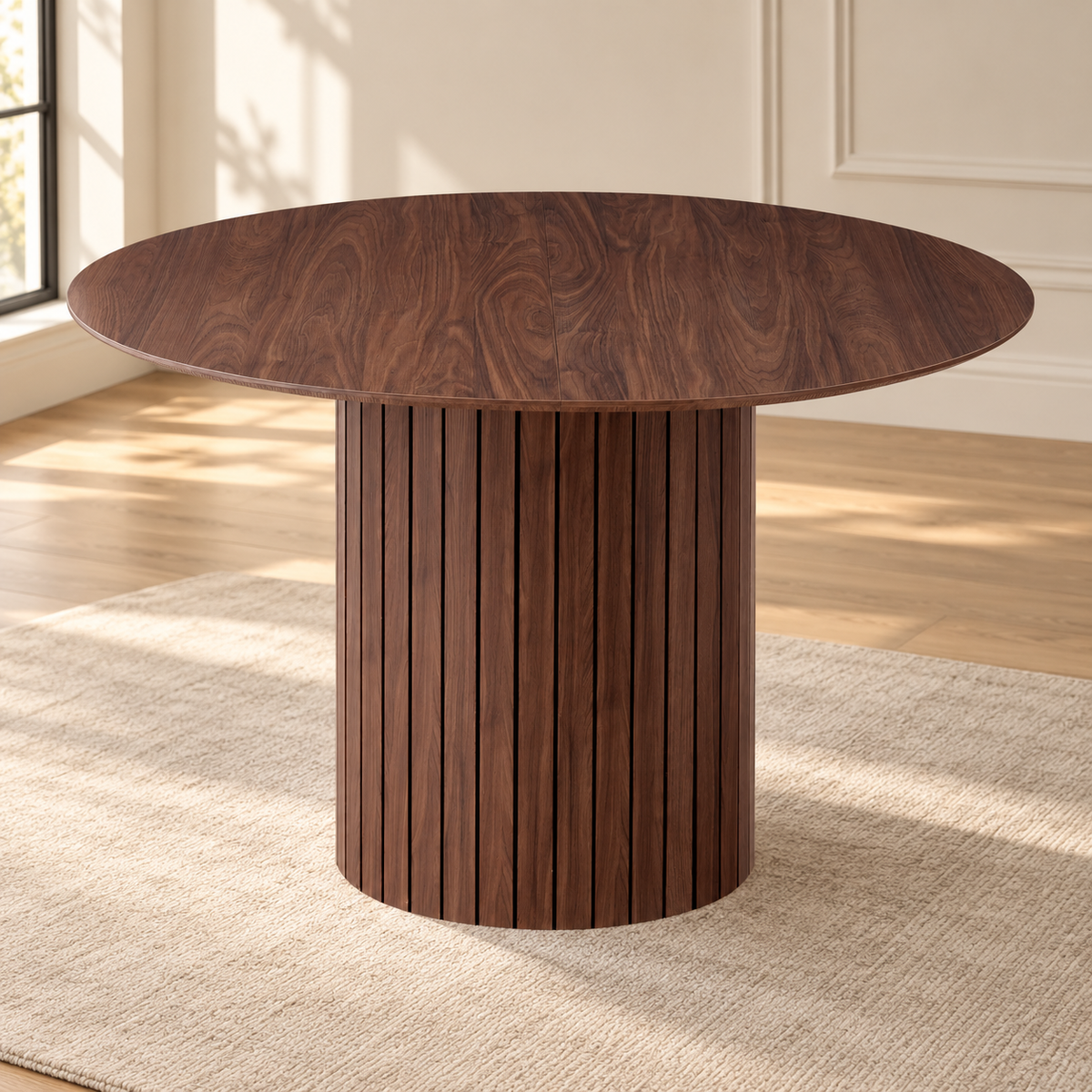 Table à manger ronde Fuselis 120 cm — finition noyer et pied cannelé — produit seul dans un intérieur de maison