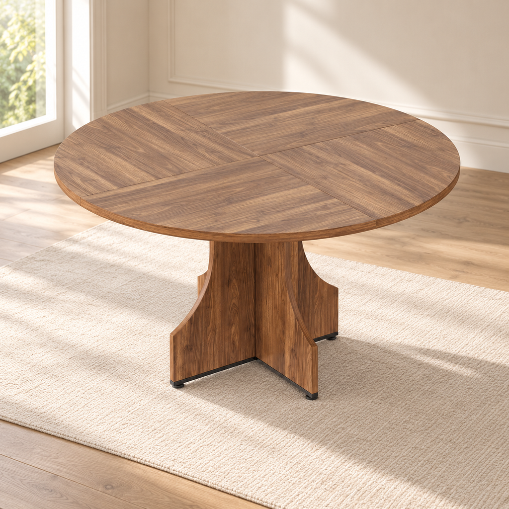 Table à manger ronde Croisel 120 cm — finition miel et pied en X — produit seul dans un intérieur de maison
