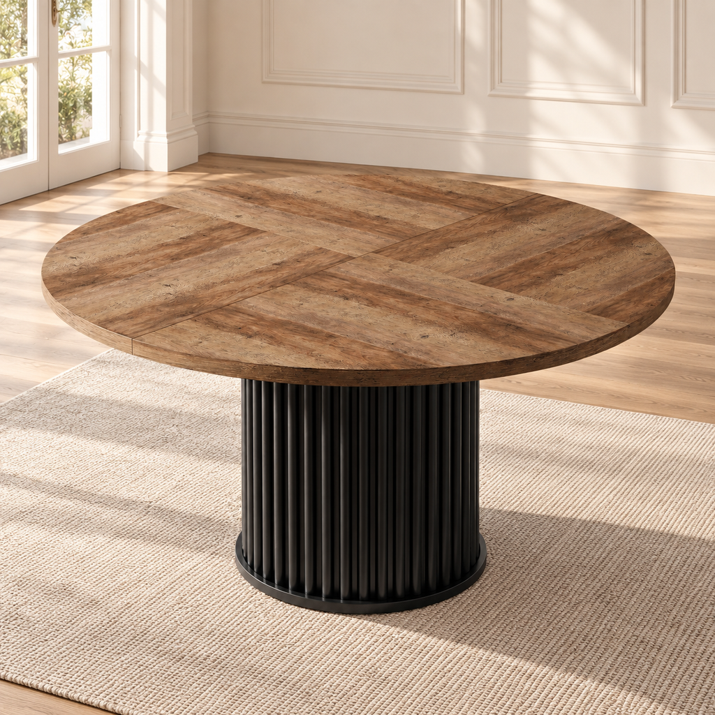Table à manger ronde noire 120 cm – pied central cannelé — produit seul dans un intérieur de maison