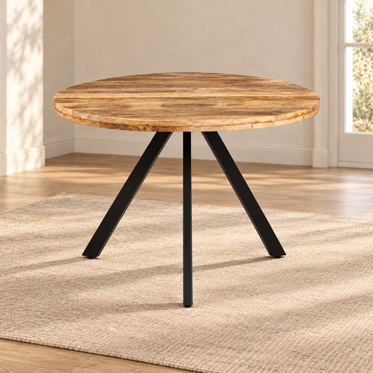 Table à manger ronde Mangaro 110 cm — manguier massif et métal noir — produit seul dans un intérieur de maison