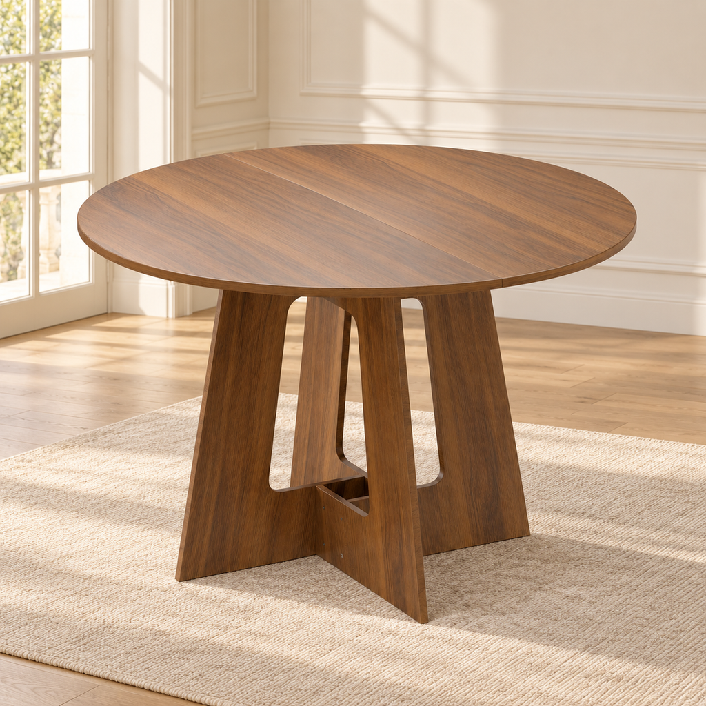 Table à manger ronde noyer 110 cm – piètement croisé ajouré — produit seul dans un intérieur de maison