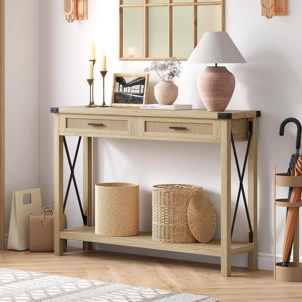 Console Tiroirs 110 cm — chêne clair, deux tiroirs et poignées métal noir – finition Natural Wood