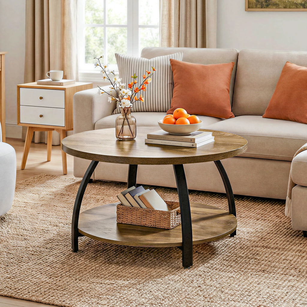 Table basse ronde Öland 80 cm — plateau effet bois et piètement central – finition Brown