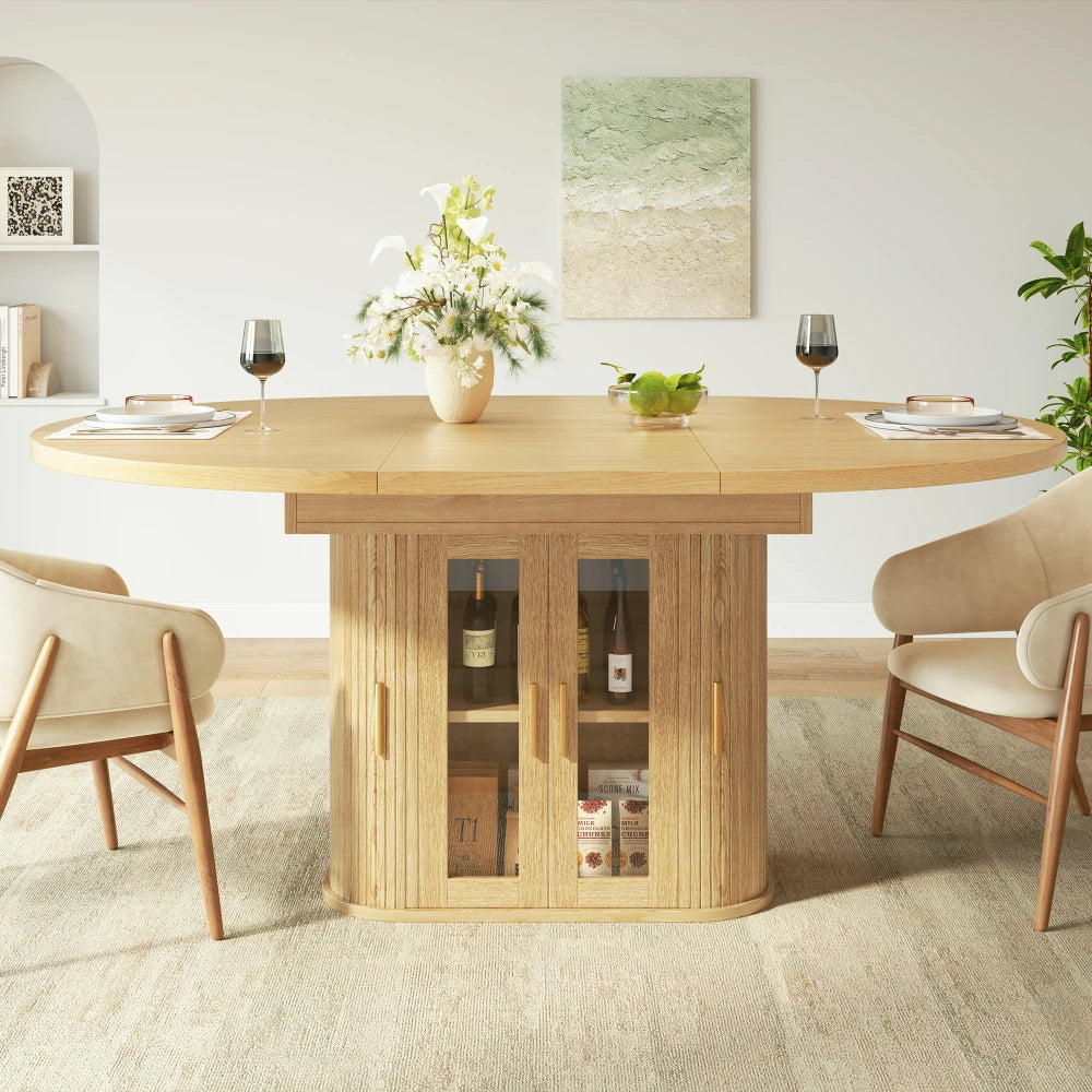 Table à manger ovale extensible Cellier 120/160 cm — chêne clair avec rangement intégré – finition Natural Color