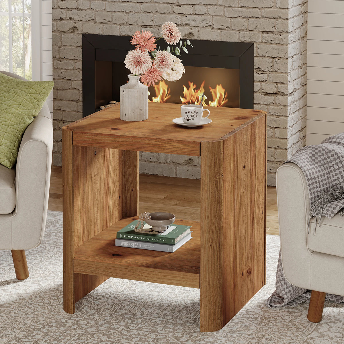 Table d'appoint bout de canapé Cube — bois massif teinte naturelle, deux niveaux – finition Natural Wood