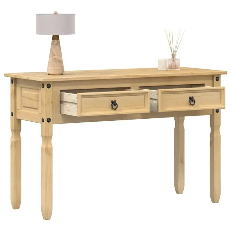 Console Sylvain 115 cm — pin massif, deux tiroirs – finition Brun