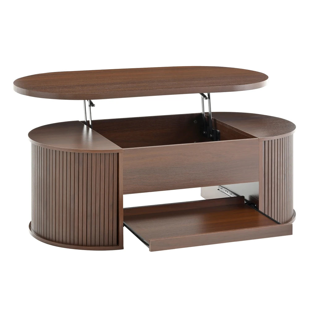 Table basse relevable noyer 110 cm à côtés arrondis et plateau extensible – finition (Natural Walnut) MDF