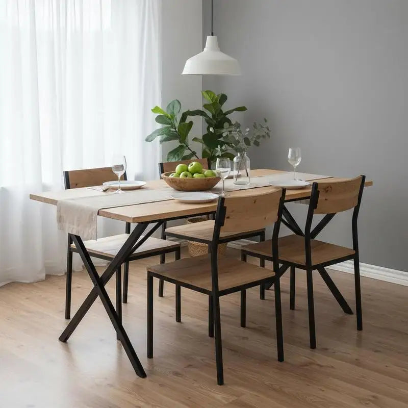 Table à manger industrielle Forgeat 180 cm — pin massif et piètement acier noir en X – finition Brun
