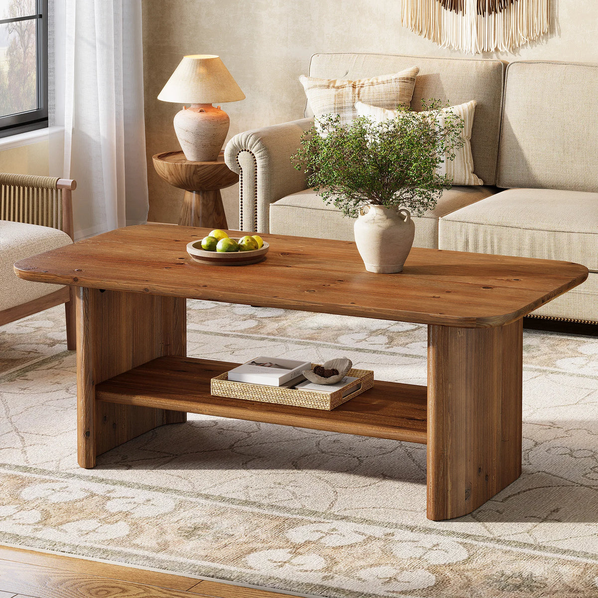 Table basse Panneau 120 cm — effet chêne miel, piètement plein et tablette basse – finition Chocolat
