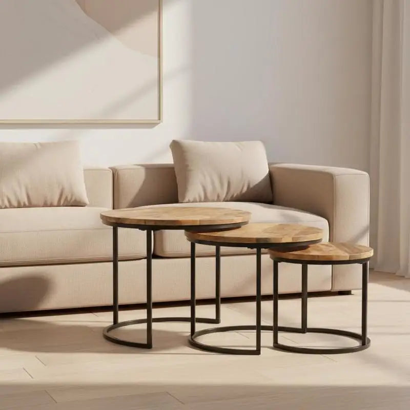 Tables d'appoint gigognes — lot de 3 Manguier Brut — plateaux ronds en manguier massif et structure métal noir – finition Orange
