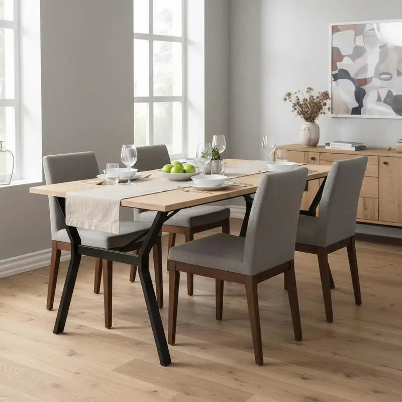 Table à manger industrielle Forgeat 180 cm — pin massif et piètement acier noir en Y – finition Brun