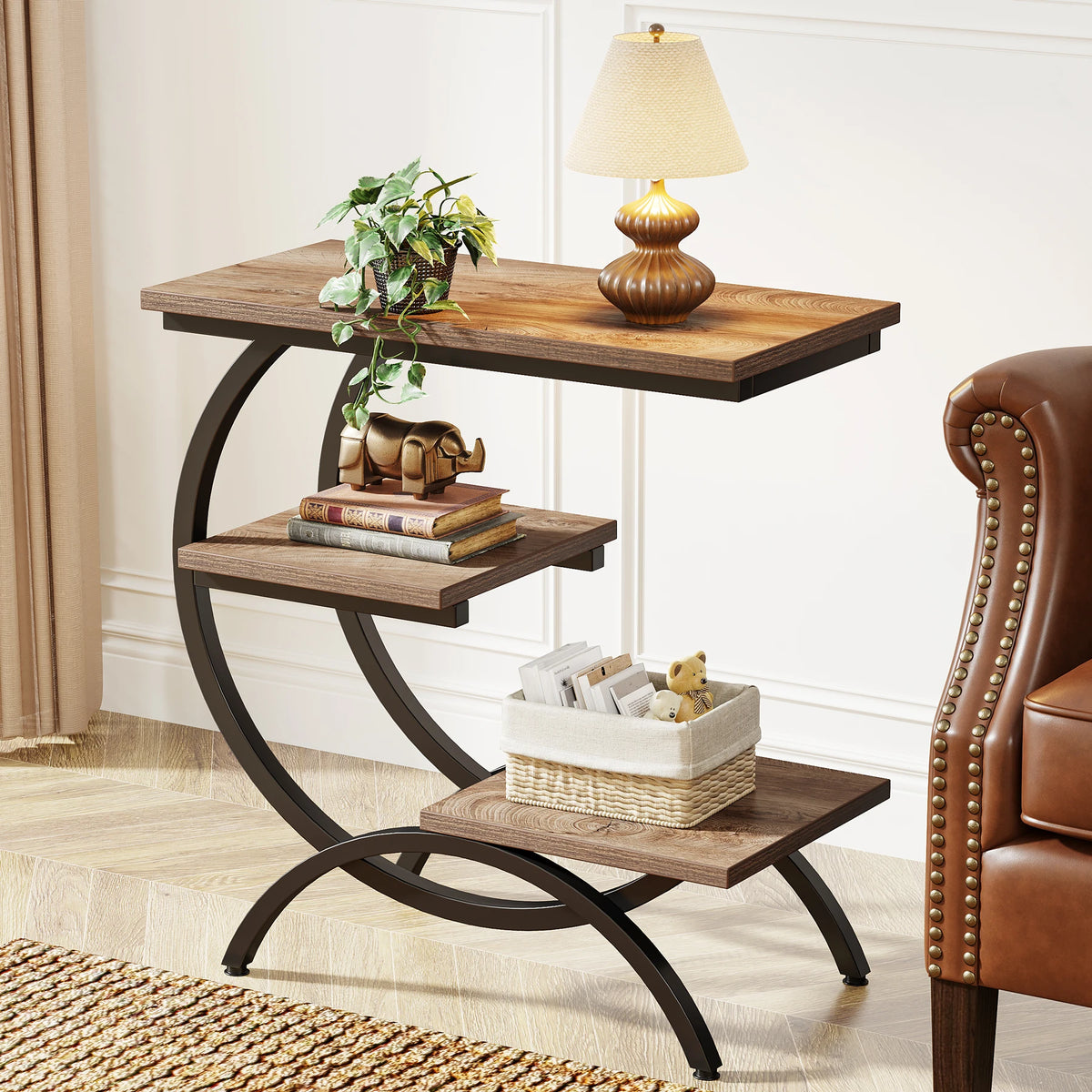 Table d'appoint en C Liseuse — plateau effet bois et piètement métal noir – finition Light Brown