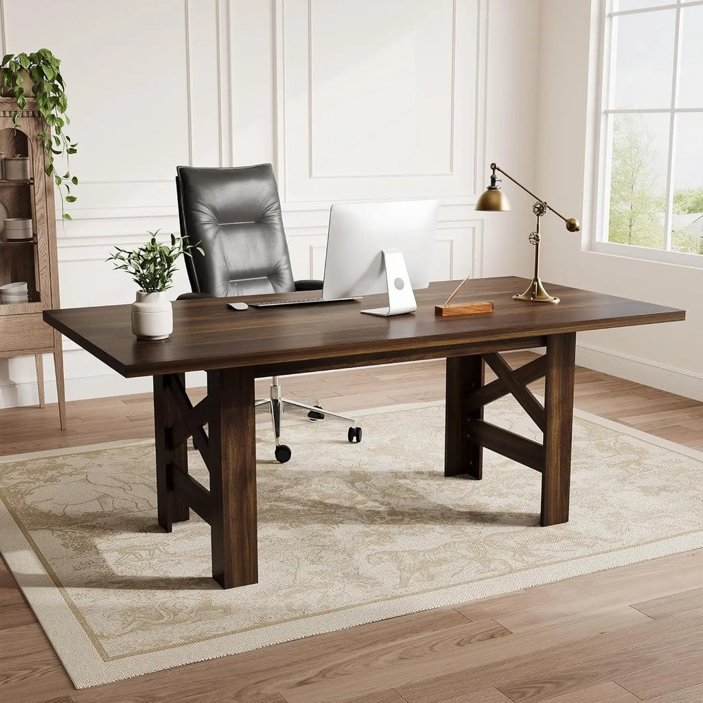Table à manger industrielle de ferme Charpente 180 cm — plateau effet noyer et piètement à croisillons – finition Walnut