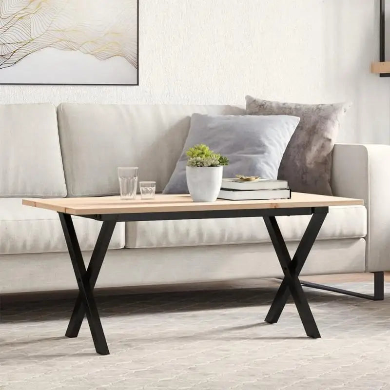 Table basse Croisel 90 cm — pin massif et piètement métal noir en X – finition Brun