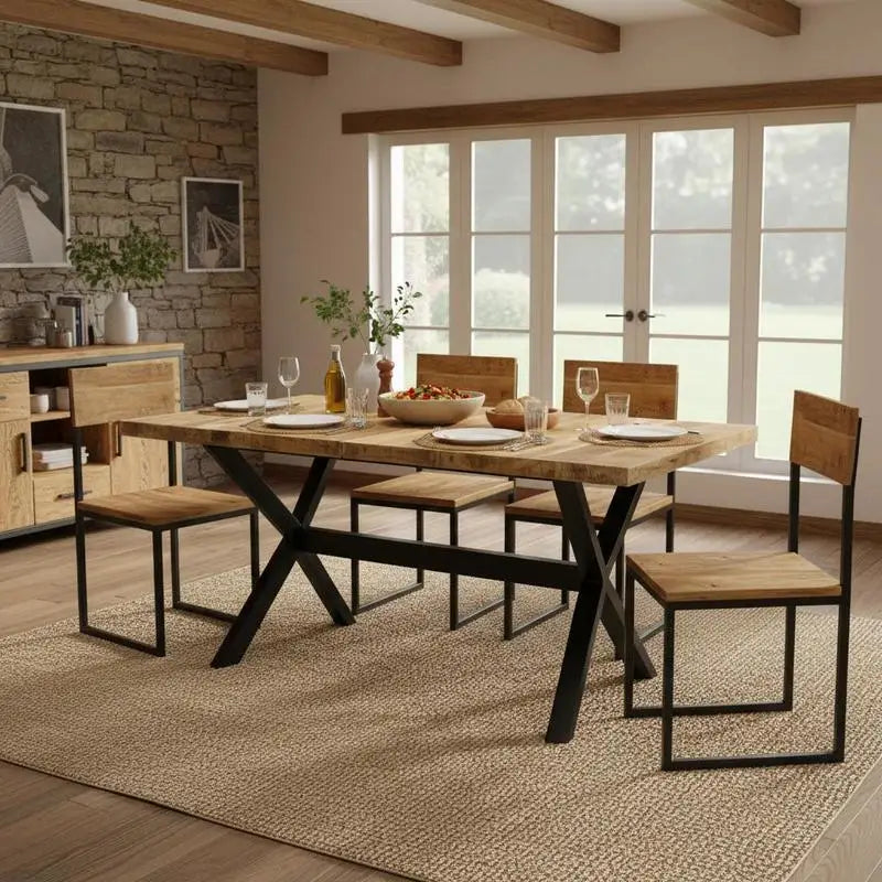 Table à manger Manguier Brut 140 cm — plateau massif à chants vivants et piètement acier en X – finition Brun