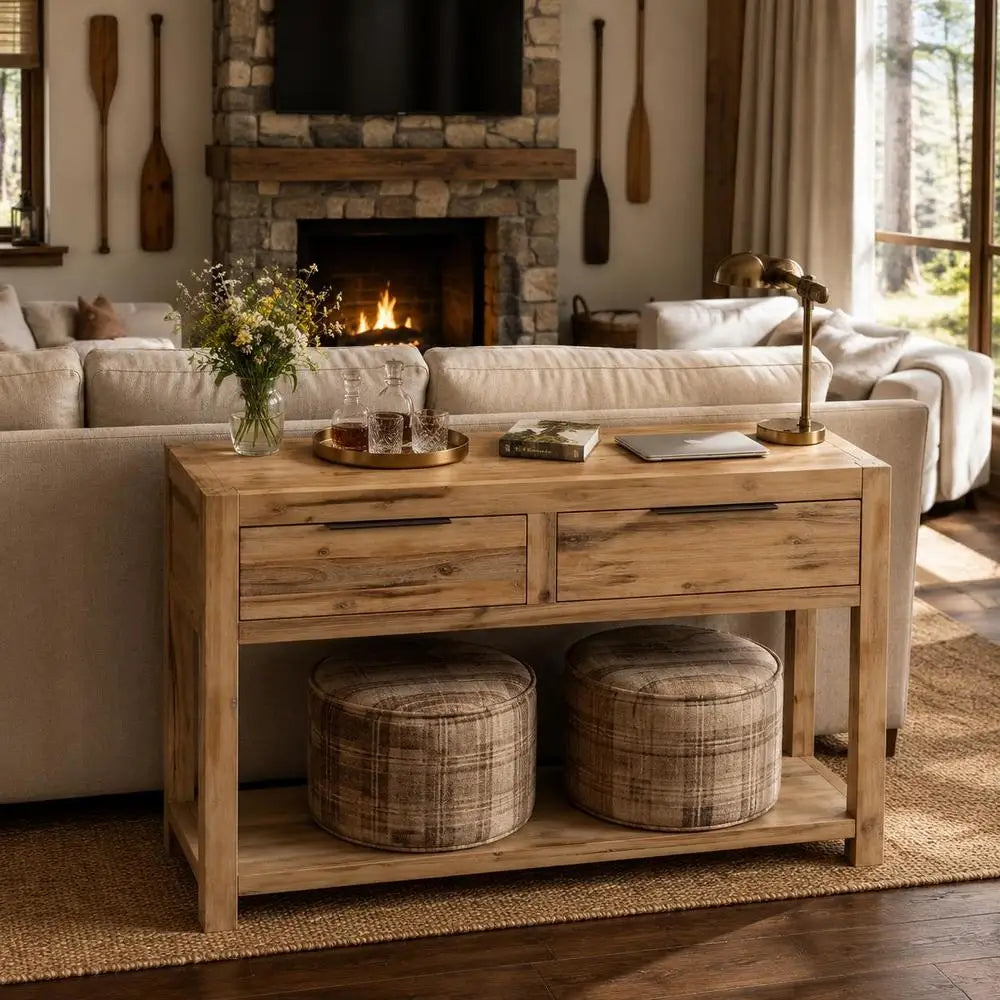 Console Acacio 82 cm — acacia massif, deux tiroirs et étagère – finition Brun